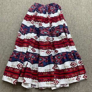 VTG ROUGHRIDER Southwestern Aztec Maxi Skirt Ruffle Elastic Sz M Swing Dance